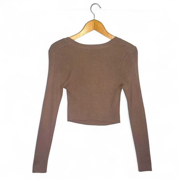 Mable Women's Sweetheart Cropped Sweater Size M Taupe Brown Long Sleeve Ribbed - Picture 3 of 8